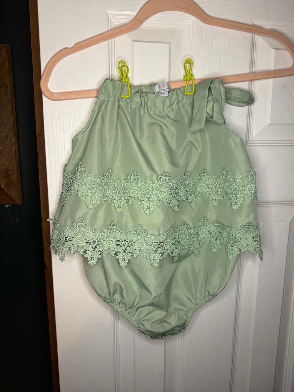 Mint Lace Bubble Romper for Girls - Lightweight Tie-Shoulder One-Piece